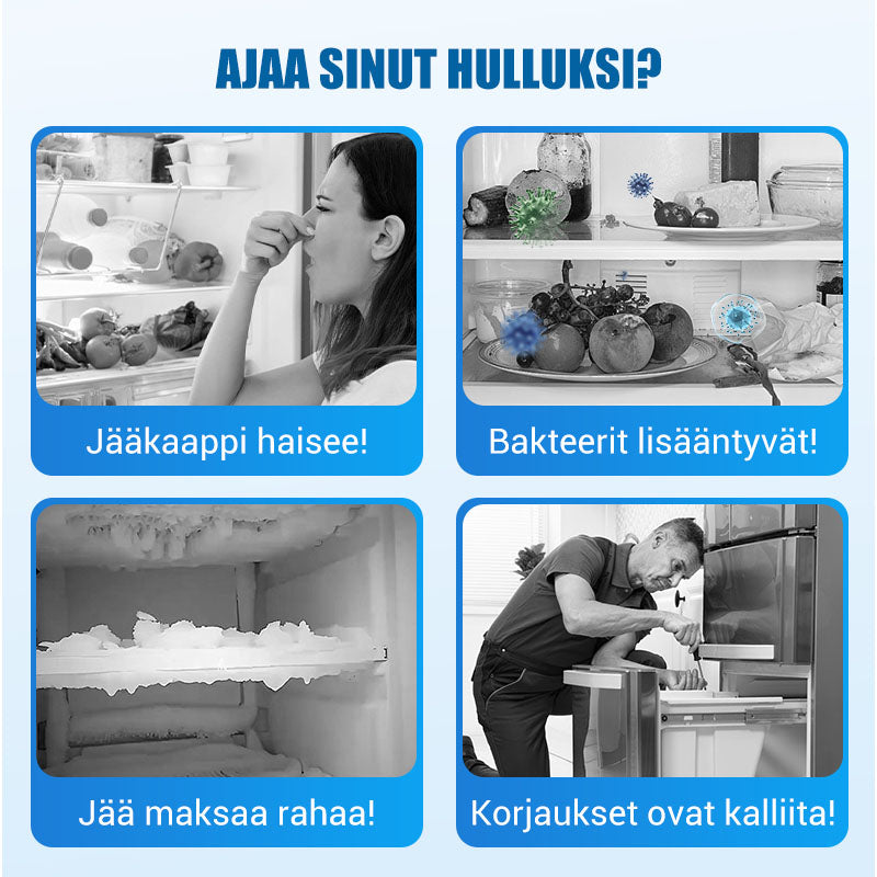 Jääkaappi tyhjä ja puhdistussarja